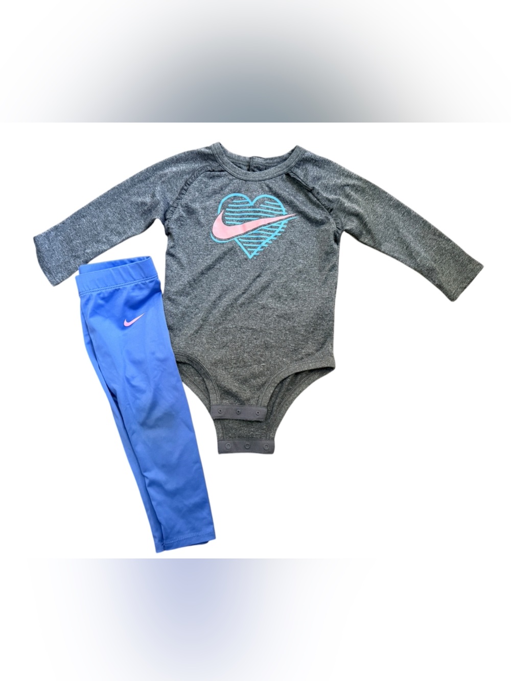 Nike Gray Bodysuit with Pink & Teal Heart Swoosh + Royal Blue Leggings